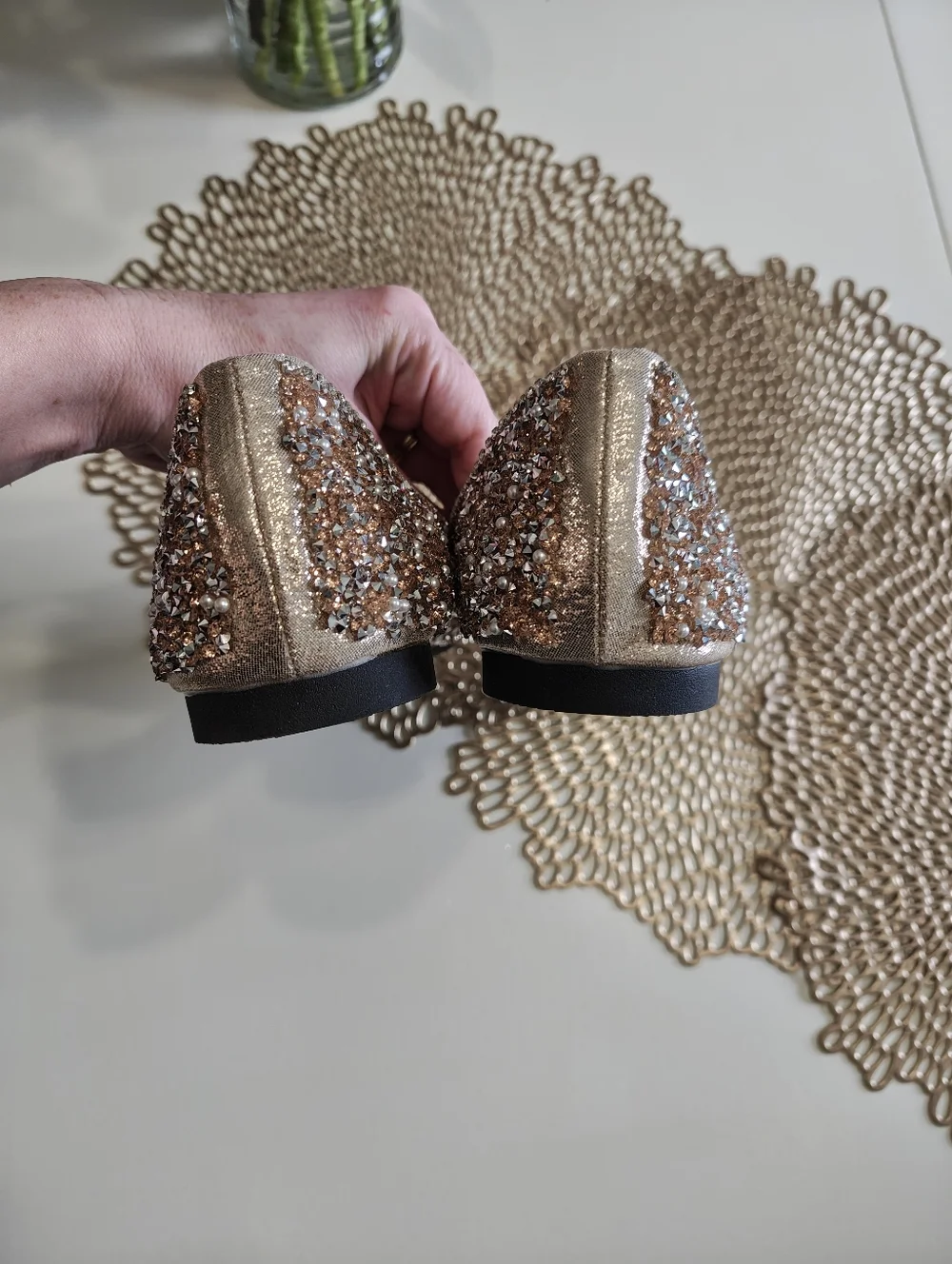 Embellished Rose Gold Pointed Toe Flats NWOT 39